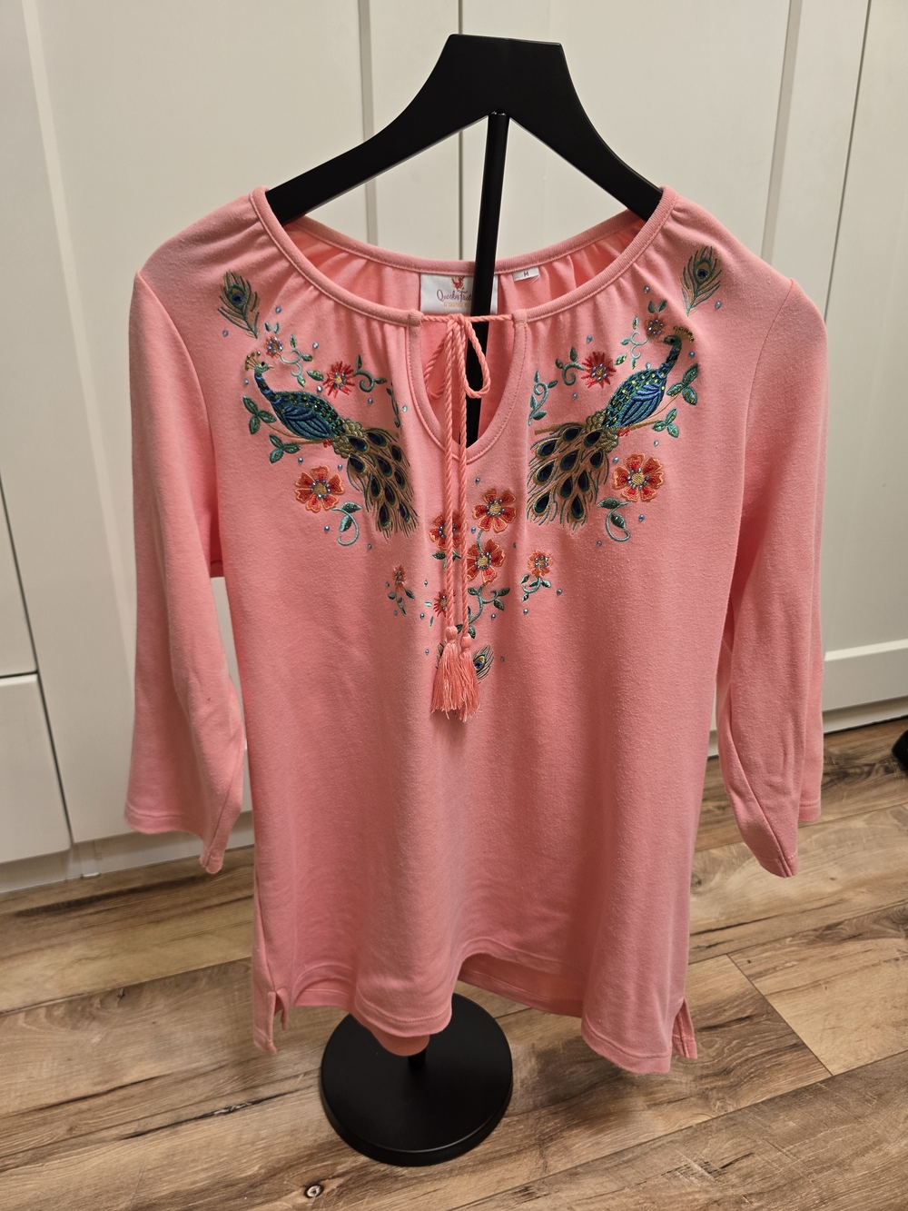 Quacker Factory Coral Pink Embroidered Peacock Tunic